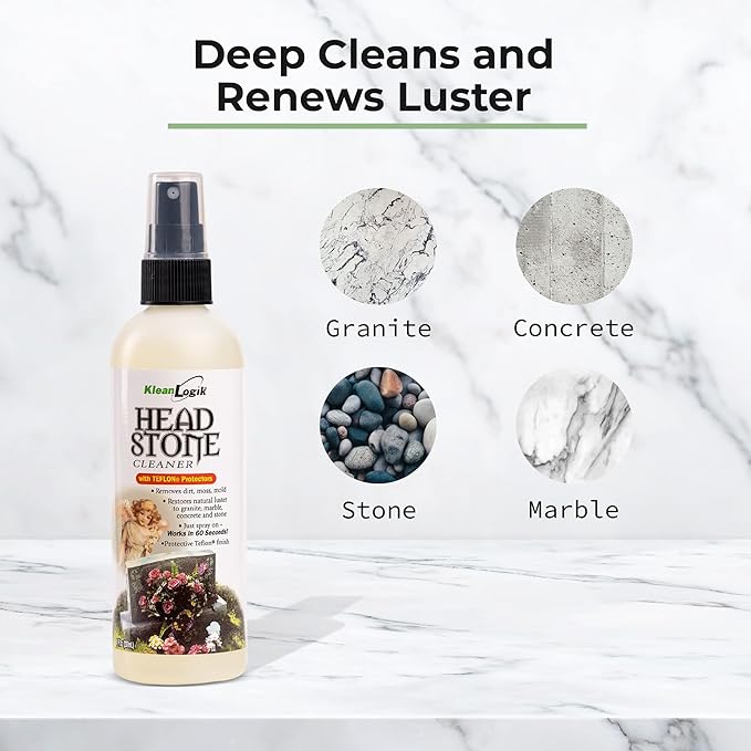 KleanLogik Headstone Cleaner For Graves & Memorials, Tombstone Cleaner Solution Removes Dirt & Plant Growth To Restore Natural Luster To Granite, Marble, Slate, Concrete, Limestone & Stone, 2-Pack