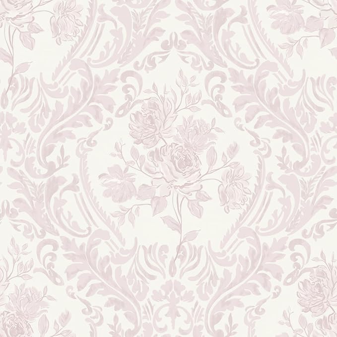 Ismoon Floral Peel and Stick Wallpaper Pink Contact Paper Boho Watercolor Damask Wallpaper Vintage Textured Removable Self Adhesive Vinyl Wall Paper Renter Friendly, 17.3 in X 32.7 ft