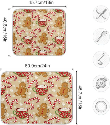 Christmas Gingerbread Man Candy Cane Dish Drying Mat for Kitchen Winter Snow Snowflake Snowman Xmas Microfiber Drying Mats Absorbent Reversible Dish Pad Medium Dish Draining Mat 16x18 inch