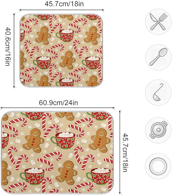 Christmas Gingerbread Man Candy Cane Dish Drying Mat for Kitchen Winter Snow Snowflake Snowman Xmas Microfiber Drying Mats Absorbent Reversible Dish Pad Large Dish Draining Mat 18x24 inch