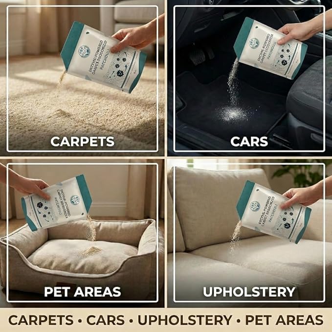 Enzyme-Powered Carpet Deodorizer (Powder) - Patchouli | Natural Pet Odor Eliminator | Bio-Enzymatic Formula, Premium Performance, Eco Friendly | 16 oz