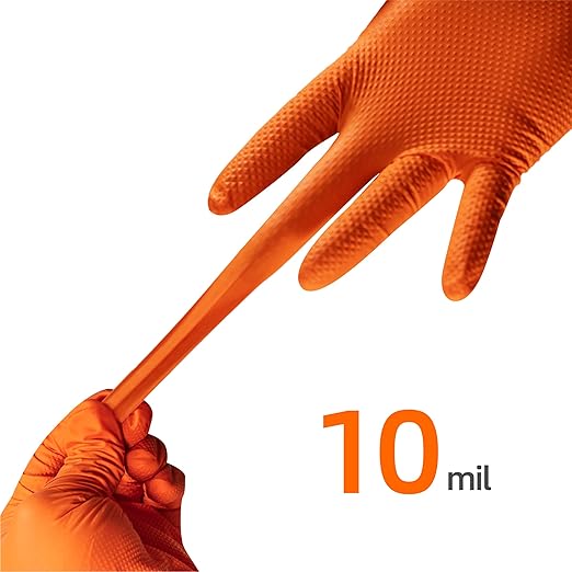 10mil Nitrile-Gloves Disposable-Orange Chemical-Resistant Rubber - Mechanic Gloves Heavy Duty, Latex Free, Diamond Grip (500, X-Large)