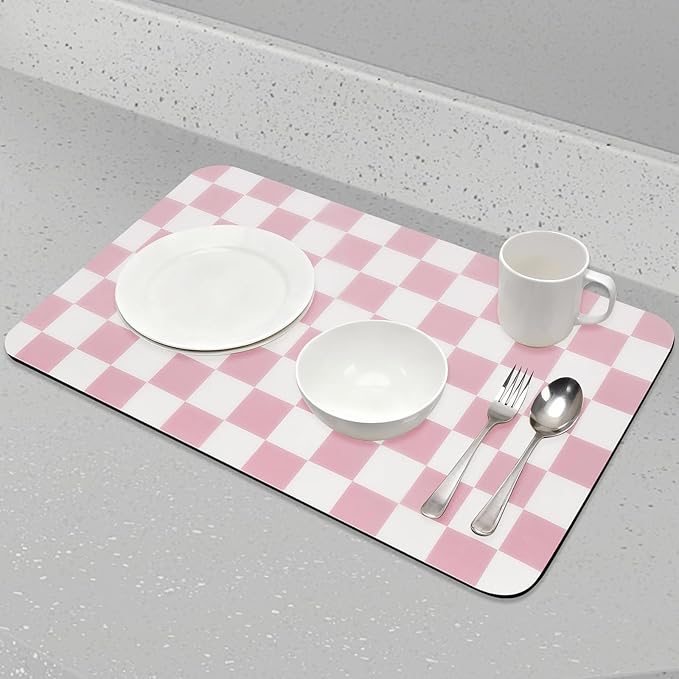 CooRug Checkered Dish Drying Mat for Kitchen Counter, Absorbent Non-Slip Coffee Mat, Heat Resistant Mat for Countertops Coffee Bar Decor 12" x 20" Pink