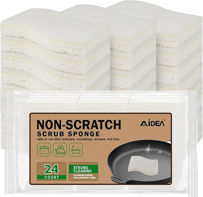 AIDEA Non-Scratch Scrub Sponge-24Count, Sponges Kitchen, Natural Sponge for Non-Stick Cookware, Cellulose Sponges for Dishes, Cleaning Power for Kitchen, Bathroom, Household