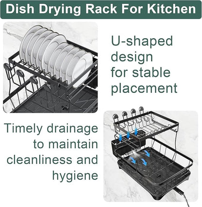 LIYI Dish Drying Rack,Large Dish Rack for Kitchen Counter,2-Tier Dish Racks with draining Tray,Detachable Capacity Dish Drainer Organizer,Black