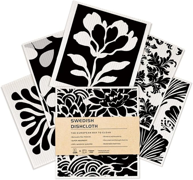 6 Pack Swedish Dishcloths, Black White Geometric Kitchen Towels Reusable Washable, Quick Drying, Dishwasher Safe for Kitchen Home Cleaning，Gifts for Women
