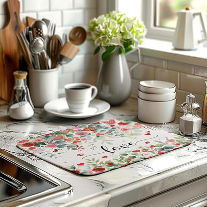 Valentines Day Love Heart Rose Eucalyptus Leaves Dish Drying Mat for Kitchen Counter 16x18 Inch Spring Valentine Microfiber Absorbent Dish Drainer Mats Reversible Drying Pad