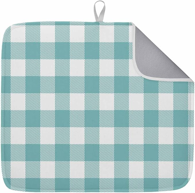 Dish Drying Mat Teal Green White Check Plaid Drying Mats for Kitchen Counter Farmhouse Style Absorbent Microfiber Dish Drainer Quick Drying Coffee Mat with Hanging Loop, 18 x24 inch