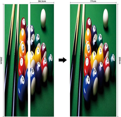 A.Monamour 3D Door Stickers for Interior Doors Billiard Balls and Billiard Cue on Green Table Vinyl Waterproof Self Adhesive Door Mural Decals for Bedroom Office Bathroom 77x200cm