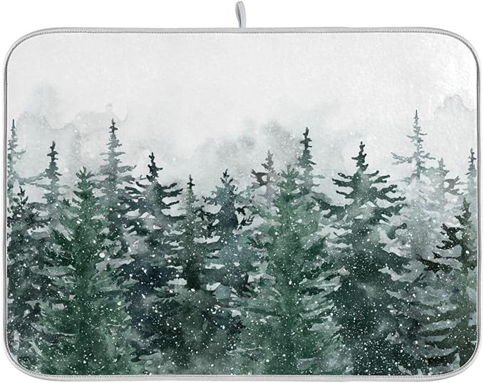 Winter Forest Scenery Dish Drying Mat for Kitchen Christmas Tree Snow Xmas Microfiber Drying Mats Absorbent Reversible Dish Pad Medium Dish Draining Mat 16x18 inch