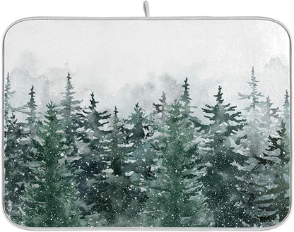 Winter Forest Scenery Dish Drying Mat for Kitchen Christmas Tree Snow Xmas Microfiber Drying Mats Absorbent Reversible Dish Pad Medium Dish Draining Mat 16x18 inch