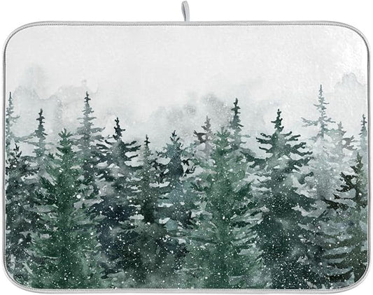 Winter Forest Scenery Dish Drying Mat for Kitchen Christmas Tree Snow Xmas Microfiber Drying Mats Absorbent Reversible Dish Pad Medium Dish Draining Mat 16x18 inch