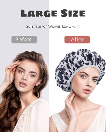 Auban Shower Cap, Shower Cap for Women Terry Cloth Lined EVA Exterior Reusable Double Layer Waterproof, Large Bath Hair Cap for All Hair Lengths, Hotel Travel Essentials Accessories Deep Conditioning