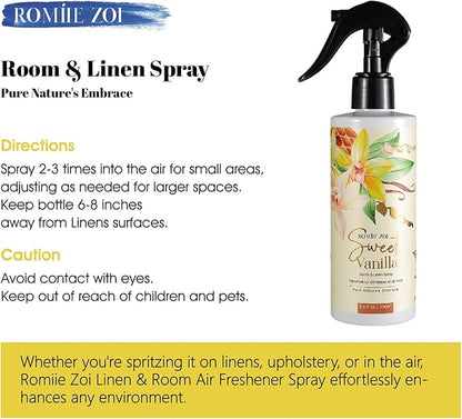 ROMIIE ZOI Linen & Room Air Freshener Spray Room Mist, with Natural Plant Extract, Scented Room Spray for Home Fragrance Fabric Spray Freshener Sweet Vanilla, 8.5 FL OZ