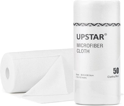 UPSTAR Microfiber Cleaning Cloth, Reusable Paper Towels Rolls, 50 Packs 12x12 inch Cleaning Rags for Washing Dishes, Kitchen, Bathroom, Car, White