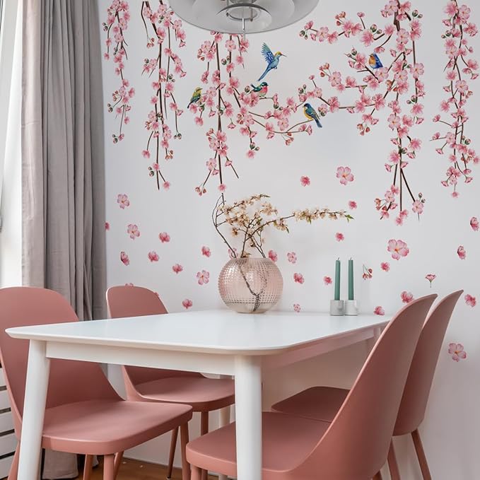 9 Sheets Cherry Blossom Decor Wall Decals Peel and Stick Pink Room Decor for Girls Bedroom Large Removable Wall Stickers & Murals Vinyl Car Decals for Women Living Room Office Vine Bird Art Clings