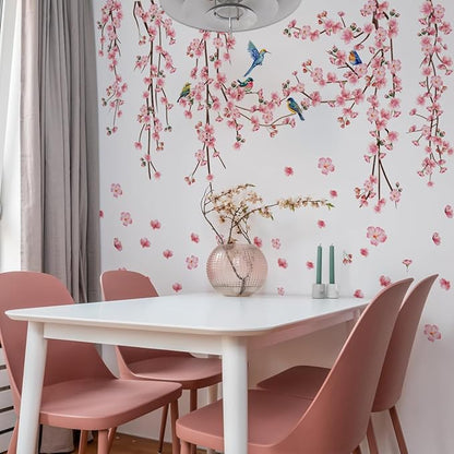 9 Sheets Cherry Blossom Decor Wall Decals Peel and Stick Pink Room Decor for Girls Bedroom Large Removable Wall Stickers & Murals Vinyl Car Decals for Women Living Room Office Vine Bird Art Clings