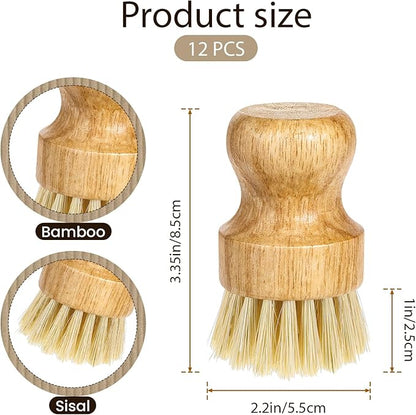 12 Packs Bamboo Dish Scrub Brush Wooden Washing Scrubbers with Sisal Bristles Kitchen Palm Pot Brush Round Mini Dish Brushes for Household Iron Pot Pan Sink Sink Vegetables Cleaning
