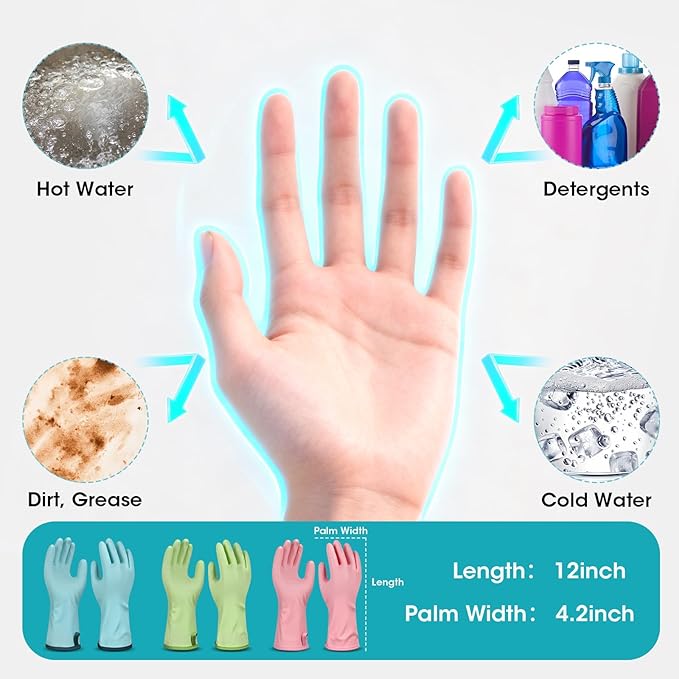 Household Gloves Waterproof with Flock Lining for Dishwashing Cleaning Reusable No-slip for Kitchen & Bathroom 3 Pairs Medium Blue+Green+Pink