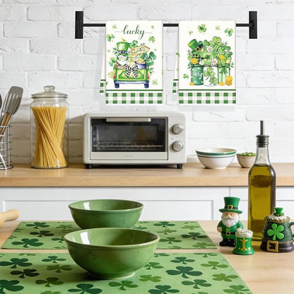 St Patricks Day Kitchen Towels, 4PCS Clover Floral Basket Dish Towels Gifts for Cooking Cleaning, Shamrock Absorbent Tea Towel with Hanging Loop for Home Decor(16 X 24 Inches)