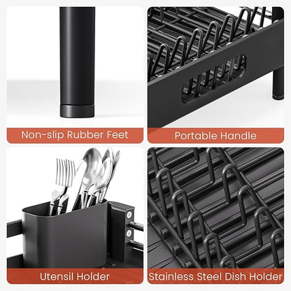 TOOLF Dish Drying Rack, Expandable Dish Rack for Kitchen Counter, Anti-Rust Dish Drainer, Sink Organization and Storage Essentials with Cutlery & Cup Holder, Black