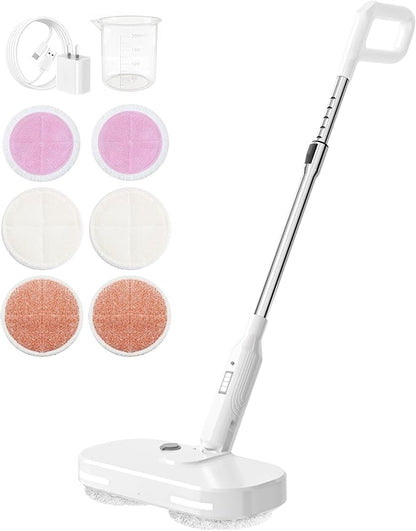 Adjustable Cordless Electric Spin Mop with self-propelled water sprayer/8000mAh Battery/LED Headlight,self-propelled design with 6 Washable mop Pads for Hardwood, Tile Floors, Quiet Cleaning/Waxing