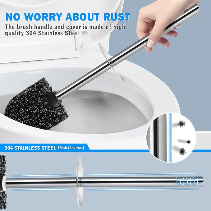 Toilet Brush and Holder, Toilet Brush with 304 Stainless Steel Long Handle, Toilet Bowl Brush for Bathroom Toilet-Ergonomic, Elegant,Durable