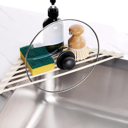 Tomorotec Compact Silicone-Coated Triangle Dish Drying Rack for Sink Corner - Foldable Stainless Steel Over-The-Sink Organizer and Storage Shelf(Cream Color)