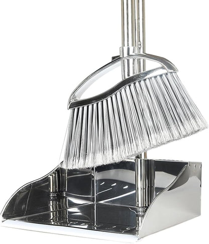 Metal Dustpan and Heavy Duty Broom Set, Stand Up Dustpan with Outdoor Stiff Bristles Broom for Hardwood Patio Room Office Floor Sweeping