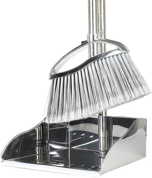Metal Dustpan and Heavy Duty Broom Set, Stand Up Dustpan with Outdoor Stiff Bristles Broom for Hardwood Patio Room Office Floor Sweeping