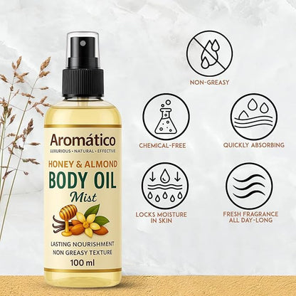 Aromatico Honey & Almond Body Oil Mist for Women | Lightweight, Non-Sticky, Spray-on formula for Daily use After Shower | Moisturized, Soft, Glowing Skin | Cozy, Creamy Vanilla Scent - 4 Fl Oz
