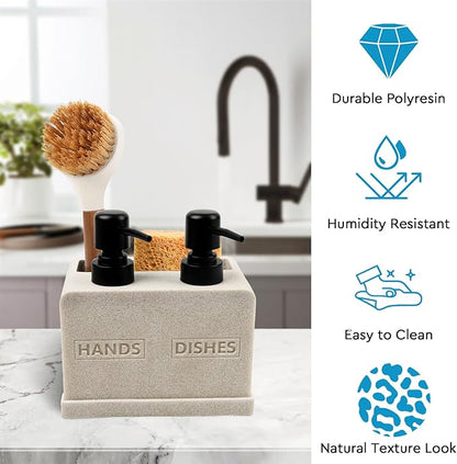Hand and Dish Soap Dispenser Set for Kitchen Sink,Dual Soap Dispenser with Sponge Caddy and Brush Holder 4-in-1 Countertop Organizer for Kitchen Bathroom,Useful Kitchen Gadgets-Beige