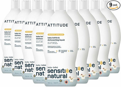 ATTITUDE Baby Bottle & Dish Soap with Oat Extract, EWG Verified Bottle Cleaner For Sensitive Skin, Fragrance Free & Dye Free, Removes Milk Residue & Grease, Vegan, Unscented, 23.7 Fl Oz (Pack of 9)