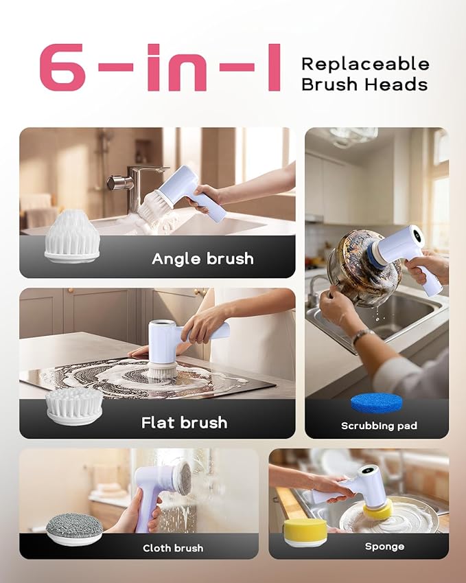 PUFTEM Upgraded Electric Spin Scrubber, Powerful Cordless Shower Scrubber with 4500mAh Large Battery & Speed Display, 6 Replaceable Brush Heads, Cleaning Brush for Bathroom Tile Tub Floor (Purple)