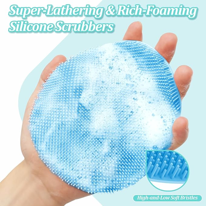 Soft Silicone Back Scrubber & Bath Glove 2PCS, 16''- 24'' Extendable Shower Scrubber with Dual-Side Head, 360° Anti-Slip & Hand-fit Silicone Body Scrubber for Rich Foaming Deep Cleaning(Blue)