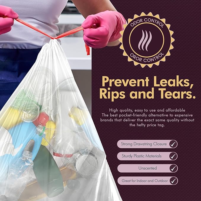 PAMI Recycling Tall Kitchen Drawstring Trash Bags- Extra-Strong Plastic Garbage Bags- Thick Trash Can Liners For Kitchen & Outdoor Bins- 2ft x2ft Unscented Trash Bags (13 Gallon – 60 Count – Clear)
