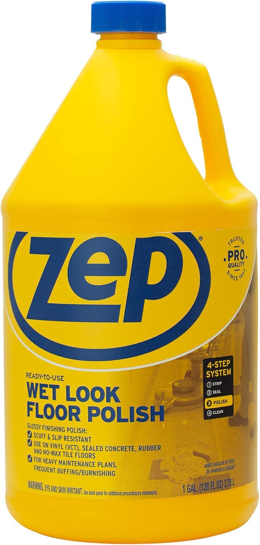 Zep Wet Look Floor Polish - 1 Gallon (Case of 2) ECZUWLFF1282 - Long Lasting Glossy Finishing Polish, Scuff & Slip Resistant, for Vinyl (VCT), Sealed Concrete, Rubber, and No-Wax Tile Floors