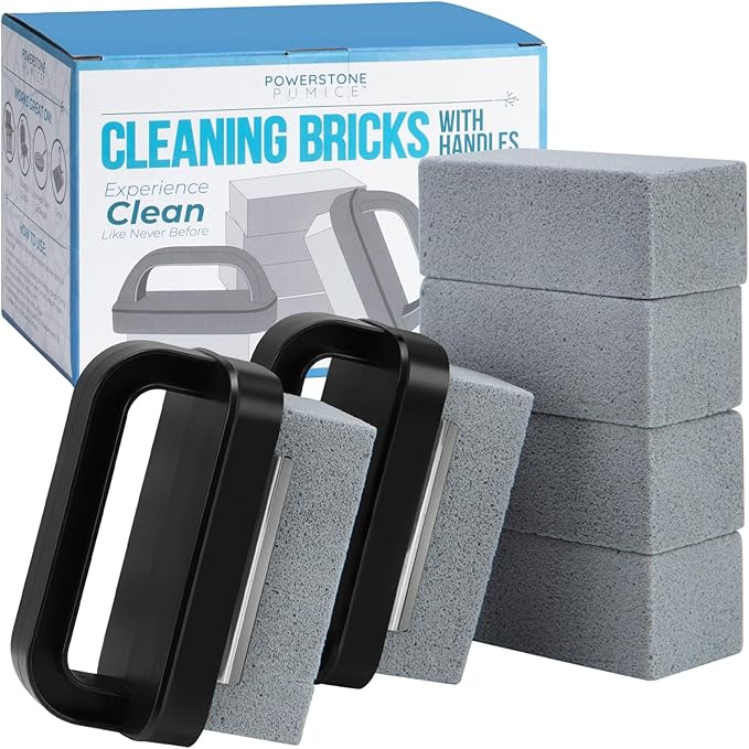 Powerstone Heavy Duty Grill Cleaner Kit – 6 Natural Pumice Stones with 2 Handles – Grill Bricks for Cleaning Flat Top, Oven, Stove, BBQ Grates, Cookware & More – Durable Pumice Stone Cleaning Blocks