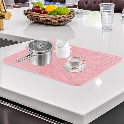 2 Pack Dishes Drying Mats for Kitchen Counter, 24 x 18 Inch Microfiber Dish Drying Pads with Hanging Loop, Super Absorbent Dish Drainer Mat, Thickened, Washable, Reusable, Pink