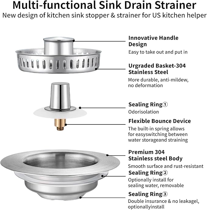 3-in-1 Kitchen Sink Drain Strainer & Sink Stopper 2 Pack : 304 Stainless Steel Sink Drain Strainer, Pop-Up Anti-Clog Design, Fits Standard 3-1/2'' Sink Drains
