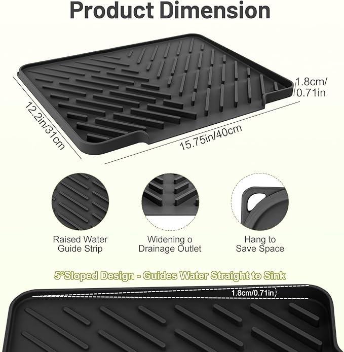Silicone Dish Drying Mat for Kitchen Counter Essentials with Wider Drain Spout, Non-Slip Heat Resistant Dish Drying Pad with Hanging Hole for Sink RV Camper Travel Multipurpose Drainer Mat Black