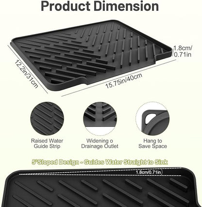 Silicone Dish Drying Mat for Kitchen Counter Essentials with Wider Drain Spout, Non-Slip Heat Resistant Dish Drying Pad with Hanging Hole for Sink RV Camper Travel Multipurpose Drainer Mat Black