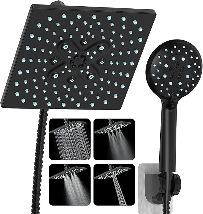 Veken High Pressure Rain Shower Head with Handheld, Multi-Functions Square Rainfall Shower Heads with 5-Mode Handheld Spray Combo, Detachable Hand Held Showerhead, Dual Matte Black Regaderas Para