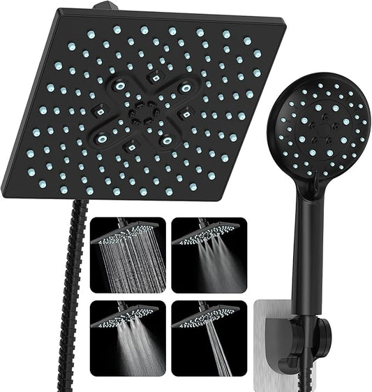 Veken High Pressure Rain Shower Head with Handheld, Multi-Functions Square Rainfall Shower Heads with 5-Mode Handheld Spray Combo, Detachable Hand Held Showerhead, Dual Matte Black Regaderas Para