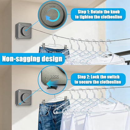 Retractable Clothesline Indoor & Outdoor, 16.2 Feet Stainless Steel Washing Line, Non-Sagging Wall Mounted Heavy Duty Laundry Line, Easy Installation Space-Saving Clothing Dry Rack (Gray)