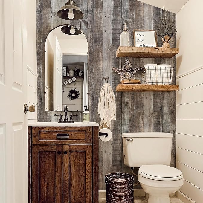 Livebor Gray Shiplap Peel and Stick Wallpaper Wood Contact Paper 17.7”x 393.7” Distressed Wood Wallpaper Peel and Stick Wooden Wall Gray Contact Paper Rustic Shiplap Plank for Walls and Countertops