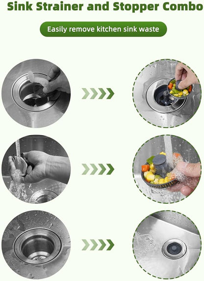 Universal Kitchen Sink Strainer Stopper Combo, 3 in 1 Pop Up Kitchen Sink Stopper with Chrome Stainless Steel Wraped Shell for US Standard 3-1/2 inch Drain Filter, Anti-Clog