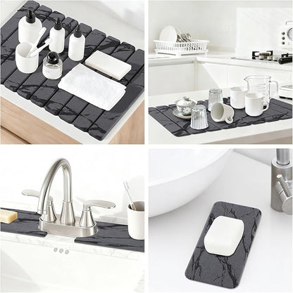 3 PCS Large Stone Dish Drying Mat for Kitchen Counter, Quick Dry Diatomaceous Earth Mat with Sink Faucet Pad, Marble Water Absorbing Stone Drying Mats for Dishes, Bottles and Cups