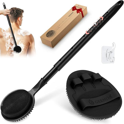 Silicone Back Scrubber & Soft Bath Glove 2PCS, 16''- 24'' Extendable Shower Scrubber with Dual-Side Head, 360° Anti-Slip & Hand-fit Silicone Body Scrubber for Rich Foaming Deep Cleaning(Black)