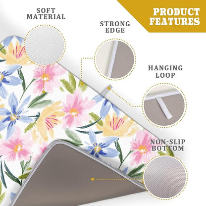 Aportt Spring Summer Floral Dish Drying Mat With Absorbent Reversible Microfiber Colorful Yellow Pink Blue Flowers Drying Mats 18 x 24 Inch Dish Drainer Mat Fast Dry For Kitchen Dining Room